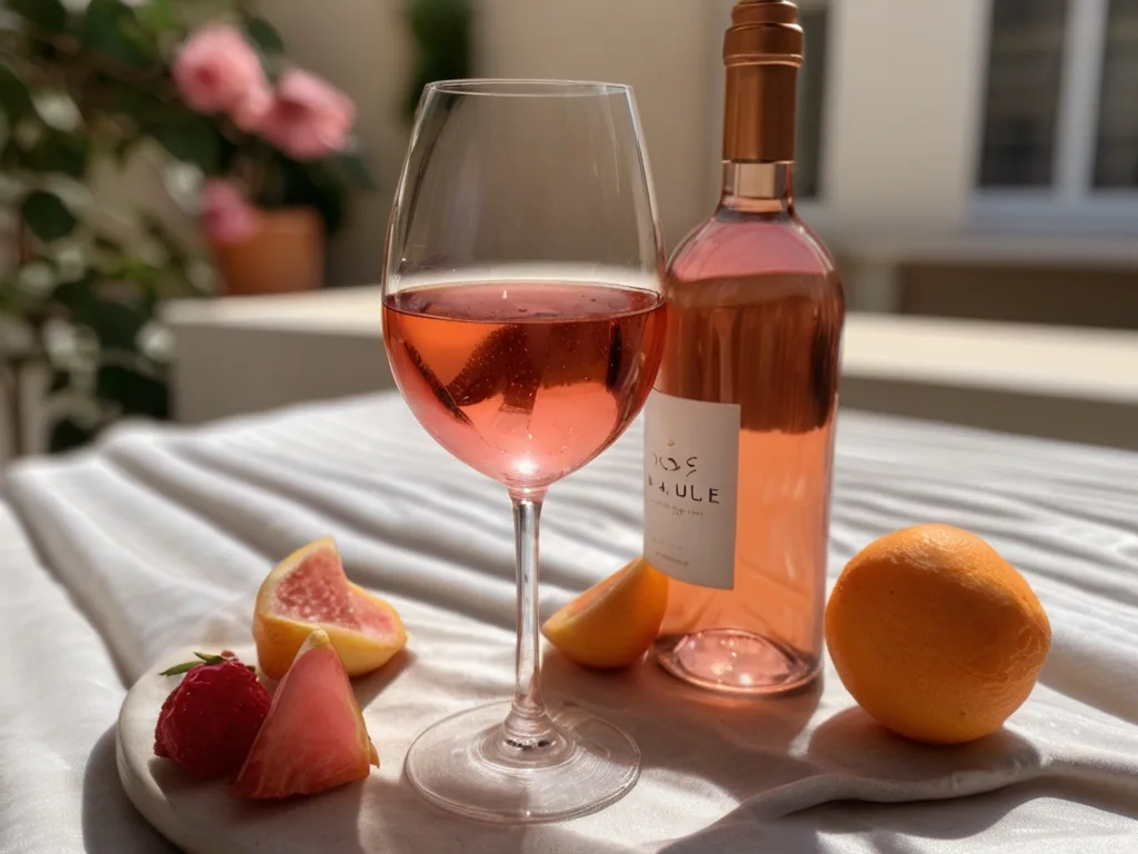 billede af en flaske rosévin og et glas med rosévin i og søde frugter
